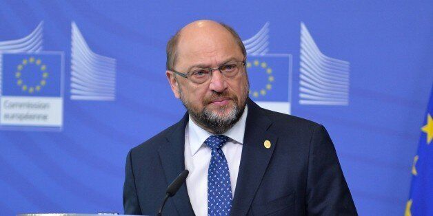 BRUSSELS, BELGIUM - OCOBER 15: European Parliament President Martin Schulz speaks during a press conference with European Commission President Jean-Claude Juncker (not seen) at the European Commission headquarters in Brussels, Belgium on October 15, 2015. (Photo by Dursun Aydemir/Anadolu Agency/Getty Images)