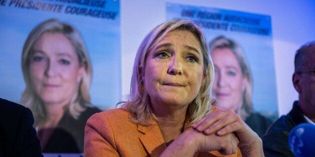 French far-right Front National (FN)'s president and candidate for the regional elections in Nord-Pas-de-Calais-Picardie, Marine le Pen looks on during a press conference on October 2, 2015 in Calais, northern France. AFP PHOTO / PHILIPPE HUGUEN (Photo credit should read PHILIPPE HUGUEN/AFP/Getty Images)