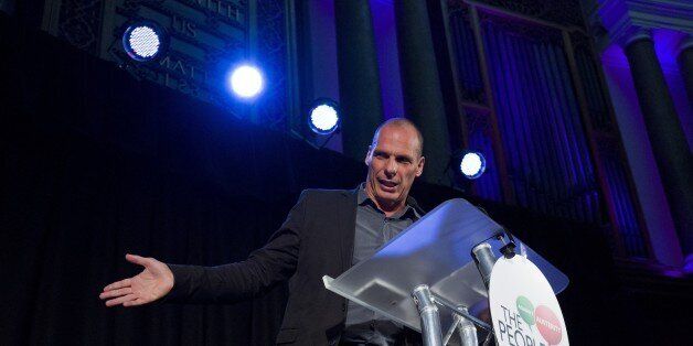 Former Greek finance minister, Yanis Varoufakis, speaks at a meeting of The Peoples Assembly in London on September 14, 2015. One of the Greek government's former stars, ex-finance minister Varoufakis, recently said he would sit out the country's election campaign, describing it as 'sad and fruitless'. AFP PHOTO / JUSTIN TALLIS (Photo credit should read JUSTIN TALLIS/AFP/Getty Images)