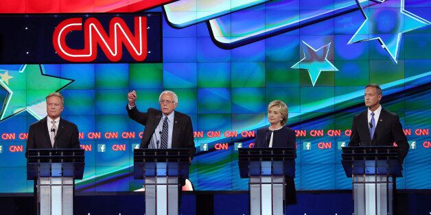 LAS VEGAS, NV - OCTOBER 13: (L-R) Democratic presidential candidates Jim Webb, Sen. Bernie Sanders (I-VT), Hillary Clinton and Martin O'Malley take part in presidential debate sponsored by CNN and Facebook at Wynn Las Vegas on October 13, 2015 in Las Vegas, Nevada. The five candidates are participating in the party's first presidential debate. (Photo by Joe Raedle/Getty Images)