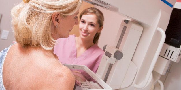 Nurse Assisting Patient Undergoing Mammogram