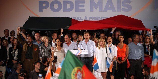 LISBON, PORTUGAL - OCTOBER 02: Portuguese Prime Minister Pedro Passos Coelho speaks during his government coalition election campaign closing rally in Lisbon on October 02, 2015. Portugal goes to the polls to elect a new government on October 4, 2015. (Photo by Joao Henriques/Anadolu Agency/Getty Images)