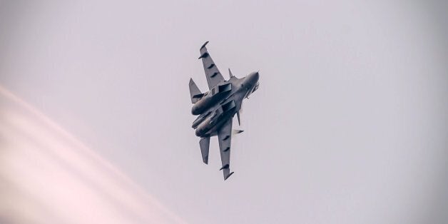 A Royal Malaysian Air Force Sukhoi Su-30MKM fighter during the 2015 Langkawi International Maritime and Aerospace Exhibition opening ceremony.