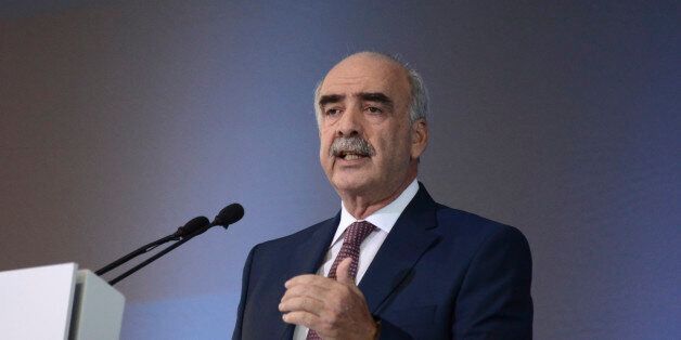 Vangelis Meimarakis, leader of conservative New Democracy party, delivers a pre-election speech in the northern Greek city of Thessaloniki, Greece, Saturday, Sept. 12, 2015. An opinion poll indicates the radical left Syriza party of former prime minister Tsipras is pulling ahead of the conservative main opposition party in the run-up to Greece's snap general election on Sept. 20. (AP Photo/Giannis Papanikos)