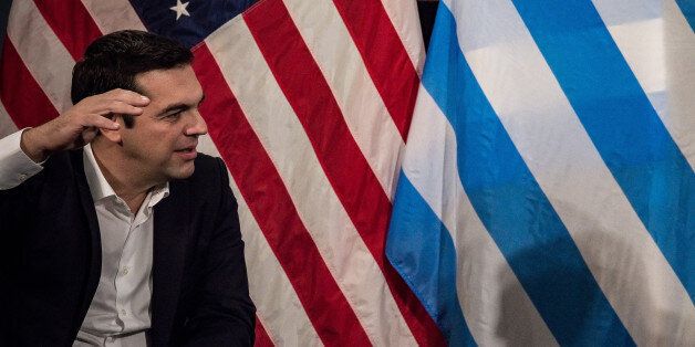 CITY HALL, NEW YORK, UNITED STATES - 2015/10/01: Alexis Tsipras talks with the press.Greek Prime Minister Alexis Tsipras, currently in New York City for the United Nations General Assembly, was welcomed at City Hall's Blue Room by Mayor Bill de Blasio. (Photo by Albin Lohr-Jones/Pacific Press/LightRocket via Getty Images)