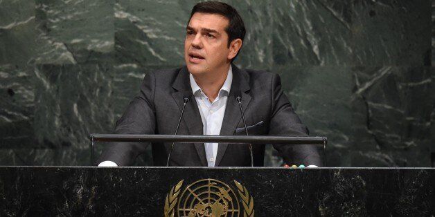Alexis Tsipras, Prime Minister of Greece, speaks to the United Nations Sustainable Development Summit at the United Nations General Assembly in New York on September 27, 2015. AFP PHOTO / TIMOTHY A. CLARY (Photo credit should read TIMOTHY A. CLARY/AFP/Getty Images)