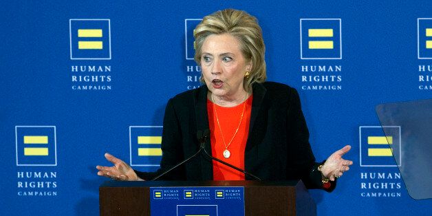 Democratic presidential candidate Hillary Rodham Clinton gestures as she speaks to the Human Rights Campaign in Washington, Saturday, Oct. 3, 2015. ( AP Photo/Jose Luis Magana)