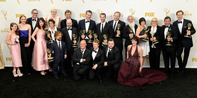 LOS ANGELES, CA - SEPTEMBER 20: Cast and crew members of 'Game of Thrones' winners of Outstanding Drama Series pose in the press room at the 67th Annual Primetime Emmy Awards at Microsoft Theater on September 20, 2015 in Los Angeles, California.(Photo by Kevork Djansezian/Getty Images)