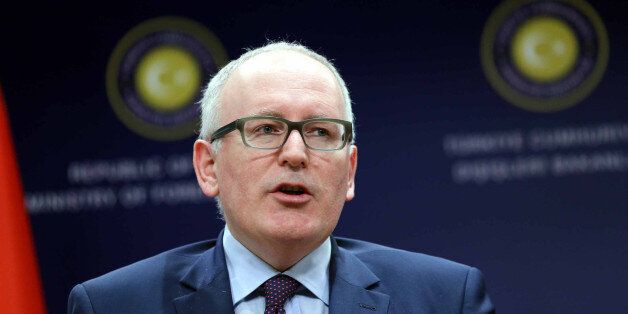 ANKARA, TURKEY - FEBRUARY 14: Dutch Minister of Foreign Affairs Frans Timmermans speaks during the press conference following meeting of the 6th Turkey - Netherlands conference at the Foreign Ministry building in Ankara, Turkey, on February 14, 2014. (Photo by Hakan Goktepe/Anadolu Agency/Getty Images)