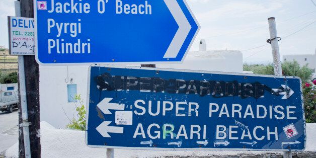 Mykonos, Greece - June 29: Traffic sign show the way to different beaches like Super Paradise and Agrari Beach on June 29, 2015 in Mykonos, Greece. (Photo by Michael Gottschalk/Photothek via Getty Images)