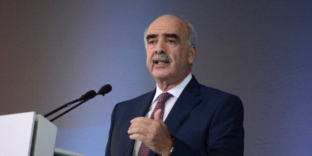 Vangelis Meimarakis, leader of conservative New Democracy party, delivers a pre-election speech in the northern Greek city of Thessaloniki, Greece, Saturday, Sept. 12, 2015. An opinion poll indicates the radical left Syriza party of former prime minister Tsipras is pulling ahead of the conservative main opposition party in the run-up to Greece's snap general election on Sept. 20. (AP Photo/Giannis Papanikos)