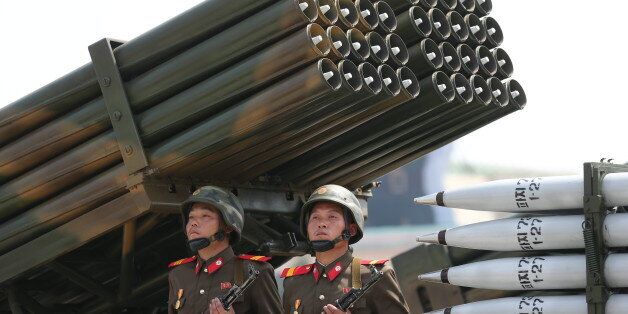 North Korean soldiers parade through the Kim Il Sung Square with their missiles and rockets, Saturday, July 27, 2013 during the mass military parade celebrating the 60th anniversary of the Korean War armistice in Pyongyang, North Korea. (AP Photo/Wong Maye-E)