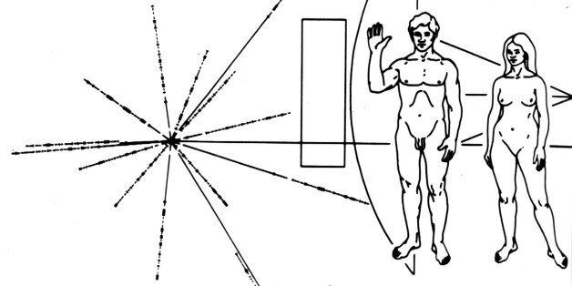 FILE - This undated handout photo shows the design of a plaque that was carried on the Pioneer 10 spacecraft. Stephen Hawking says it is too risky to try to talk to space aliens. Oops. Too late. NASA and others have already beamed several messages into deep space, trying to phone ET. NASA _ which two years ago, broadcast the Beatles song