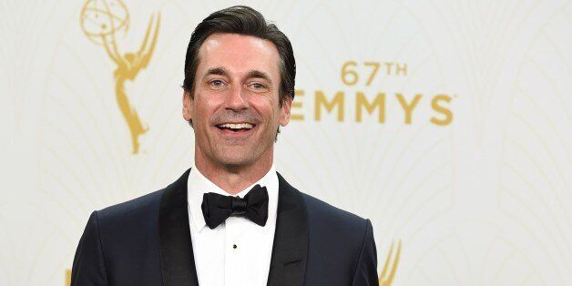 Actor Jon Hamm arrives in the press room with his Emmy for Outstanding Lead Actor in a Drama Series for his role in 'Mad Men' during the 67th Emmy Awards, September 20, 2015 at the Microsoft Theatre in downtown Los Angeles. AFP PHOTO/ VALERIE MACON (Photo credit should read VALERIE MACON/AFP/Getty Images)