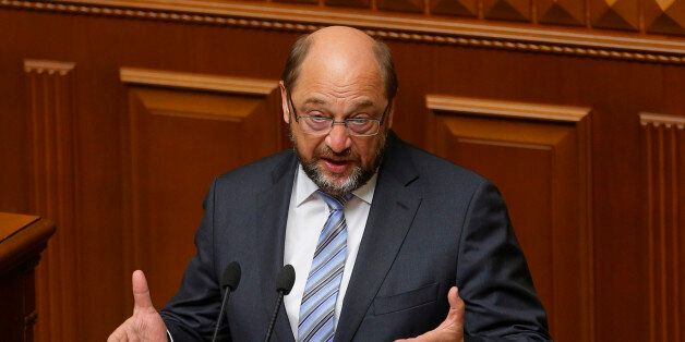 President of the European Parliament Martin Schulz addresses Ukrainian lawmakers in Parliament in Kiev, Ukraine, Friday, July 3, 2015. (AP Photo/Sergei Chuzavkov)
