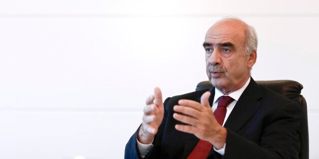 Evangelos-Vassilios Meimarakis, leader of the New Democracy Party of Greece, gestures whilst speaking during a Bloomberg Television interview at the party headquarters in Athens, Greece, on Sunday, Sept. 6, 2015. Meimarakis is to campaign in Crete following a visit by Syriza party chief Alexis Tsipras. Photographer: Kostas Tsironis/Bloomberg via Getty Images
