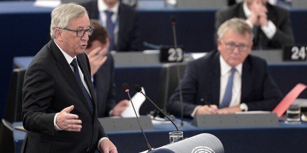 European Commission's President Jean-Claude Juncker announces quote plan for refugees as he makes his State of the Union address to the European Parliament in Strasbourg, eastern France, on September 9, 2015. Juncker urged European Union (EU) states on September 9 to take 'bold' action, as he unveiled a major plan for dealing with Europe's worst refugee crisis since World War II. 'Now is not the time to take fright, it is time for bold determined action for the European Union,' Juncker said. AFP
