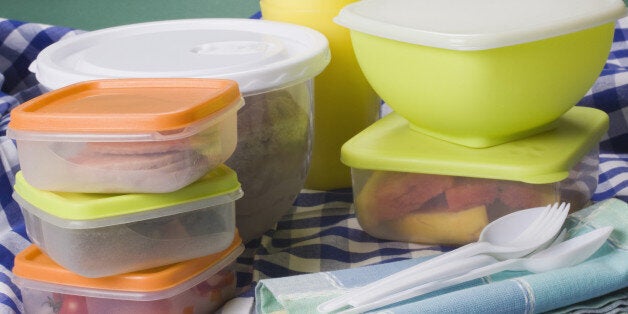 Close-up of picnic foods in boxes