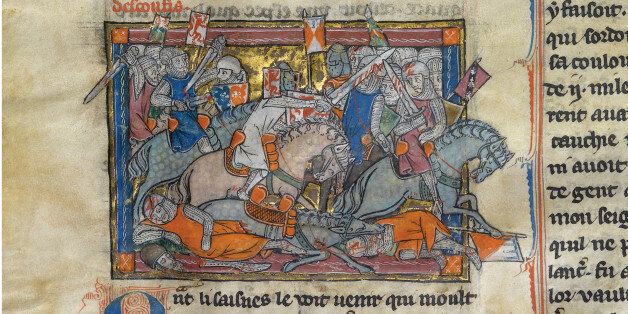 King Arthur fighting the Saxons (from the Rochefoucauld Grail). Private Collection. (Photo by Fine Art Images/Heritage Images/Getty Images)