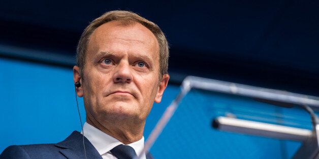 European Council President Donald Tusk speaks during a final media conference after an EU summit in Brussels on Friday, June 26, 2015. EU leaders, in a second day of meetings, discussed migration, the Greek bailout and European defense. (AP Photo/Geert Vanden Wijngaert)