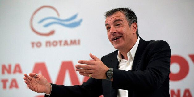 Stavros Theodorakis, leader of the political party To Potami (The River) gestures as he talks during a news conference in central Athens, Wednesday, Jan. 21, 2015. To Potami was founded last February by Theodorakis, a Greek popular TV journalist. Weekend opinion polls showed Potami will be the third party.Greek voters go to the polls on Sunday as the popular left-wing Syriza party is poised to defeat conservative Prime Minister Antonis Samaras according the last opinion polls. (AP Photo/Lefteris Pitarakis)