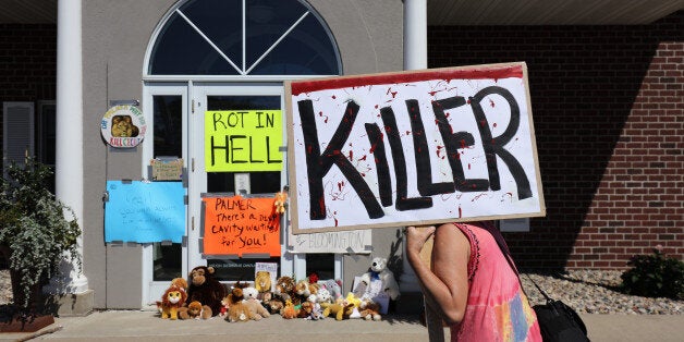 BLOOMINGTON, MN - JULY 29: Protesters call attention to the alleged poaching of Cecil the lion, in the parking lot of Dr. Walter Palmer's River Bluff Dental Clinic on July 29, 2015 in Bloomington, Minnesota. According to reports, the 13-year-old lion was lured out of a national park in Zimbabwe and killed by Dr. Palmer, who had paid at least $50,000 for the hunt. (Photo by Adam Bettcher/Getty Images)