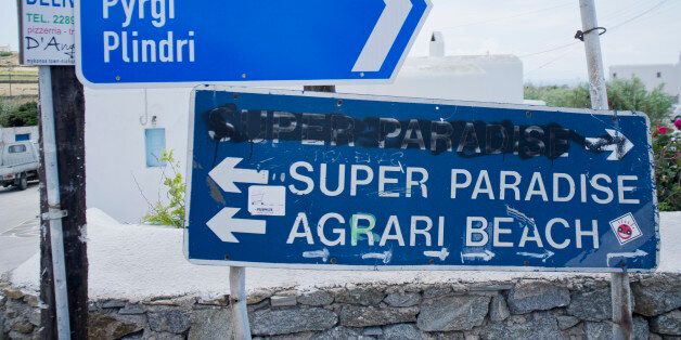 Mykonos, Greece- June 29: Traffic sign show the way to different beaches like Super Paradise and Agrari Beach on June 29, 2015 in Mykonos, Greece. (Photo by Michael Gottschalk/Photothek via Getty Images)