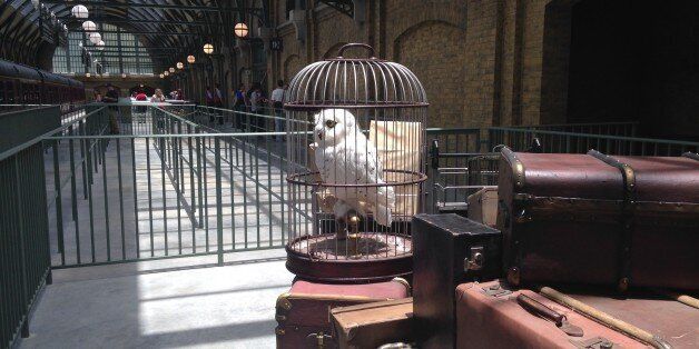 An owl sits amid baggage inside King's Cross Station, part of The Wizarding World of Harry Potter-Diagon Alley, a new park opening July 8 at Universal Orlando Resort in Florida, on Thursday, June 19, 2014. A train ride connects King's Cross with another themed station on the other side of the Universal Orlando theme park where Universal's original Harry Potter attraction opened in 2010. The parks are richly detailed, with settings and characters inspired by the Harry Potter series of books and films. (AP Photo/Tamara Lush)