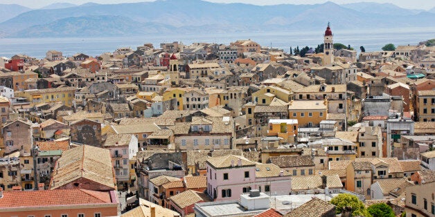 Many and varied buildings with a labyrinth of narrow streets in Corfu.