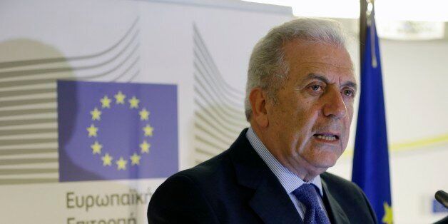 EU commissioner for immigration Dimitris Avramopoulos makes statements after a meeting with local officials in Athens, Friday, June 12, 2015. After Italy, financially crippled Greece is the main destination for refugees â mostly from war-ravaged Syria â and economic migrants seeking a better life in the European Union. The country has asked for more assistance from EU authorities. (AP Photo/Thanassis Stavrakis)