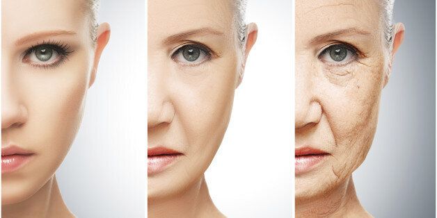 concept of aging and skin care. face of young woman and an old woman with wrinkle