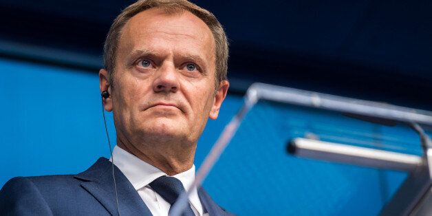 European Council President Donald Tusk speaks during a final media conference after an EU summit in Brussels on Friday, June 26, 2015. EU leaders, in a second day of meetings, discussed migration, the Greek bailout and European defense. (AP Photo/Geert Vanden Wijngaert)