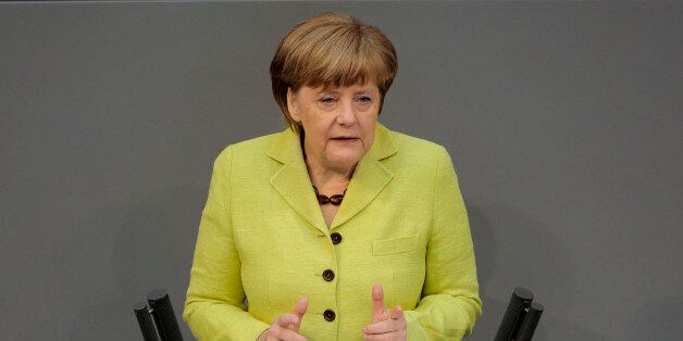 German Chancellor Angela Merkel delivers a declaration about the European Union and an Eastern Partnership with former Soviet Republics at the German parliament Bundestag , in Berlin, Germany, Thursday, May 21, 2015. Merkel will attend a summit of the European Union and former Soviet Republics in Latvia's capital Riga at the afternoon. (AP Photo/Markus Schreiber)