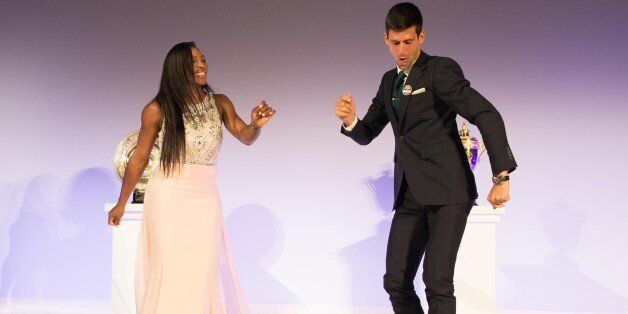 LONDON, ENGLAND - JULY 12: (EDITORIAL USE ONLY - NO COMMERCIAL USEAGE) Serena Williams of the United States and Novak Djokovic of Serbia dance on stage at the Champions Dinner at the Guild Hall on day thirteen of the Wimbledon Lawn Tennis Championships at the All England Lawn Tennis and Croquet Club on July 12, 2015 in London, England. (Photo by Thomas Lovelock - AELTC Pool/Getty Images)