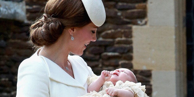 KING'S LYNN, ENGLAND - JULY 05: Catherine, Duchess of Cambridge and Princess Charlotte of Cambridge arrive at the Church of St Mary Magdalene on the Sandringham Estate for the Christening of Princess Charlotte of Cambridge on July 5, 2015 in King's Lynn, England. (Photo by Chris Jackson - WPA Pool/Getty Images)