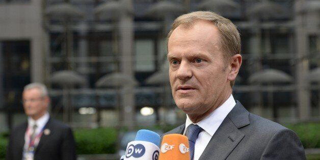 European Council President Donald Tusk addresses reporters upon his arrival for an emergency Eurogroup finance ministers' meeting on Greece at the European Council in Brussels, on June 22, 2015. AFP PHOTO / THIERRY CHARLIER (Photo credit should read THIERRY CHARLIER/AFP/Getty Images)