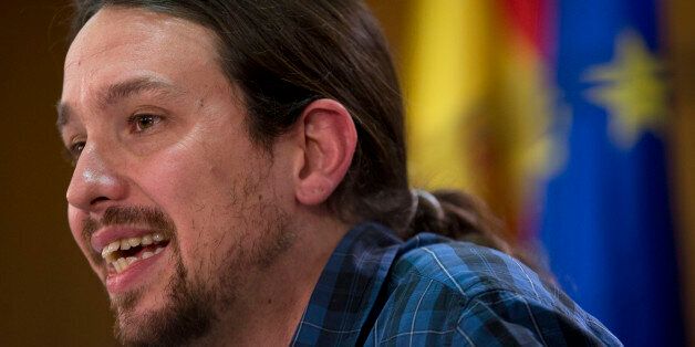 Pablo Iglesias, the leader of Spain's new and growing far left 'Podemos' (We Can) party speaks with foreign correspondents in Madrid, Spain, Friday, Feb. 13, 2015. The recently-formed Spanish party 'Podemos' has risen to become one of the most popular choices among Spanish voters for the general elections to be held later in 2015. (AP Photo/Paul White)