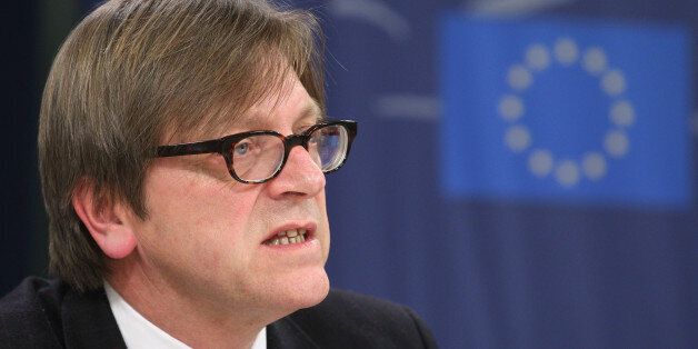 Alliance of Liberals and Democrats for Europe Guy Verhofstadt, addresses the media during a media conference called 'Russia after the elections - An evaluation of democracy and the rule of law in Putin's Russia' at the European Parliament in Brussels, Tuesday, March 6, 2012. (AP Photo/Yves Logghe)