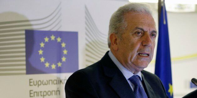 EU commissioner for immigration Dimitris Avramopoulos makes statements after a meeting with local officials in Athens, Friday, June 12, 2015. After Italy, financially crippled Greece is the main destination for refugees â mostly from war-ravaged Syria â and economic migrants seeking a better life in the European Union. The country has asked for more assistance from EU authorities. (AP Photo/Thanassis Stavrakis)