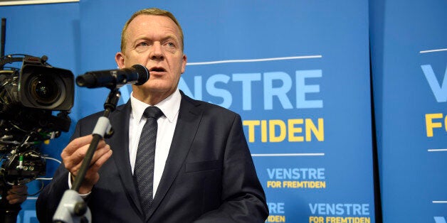 The Danish opposition Liberal Party leader Lars Loekke Rasmussen reacts to the election results Thursday, June 18, 2015, in Copenhagen for the Danish parlamentary elections. With more than 90 percent of votes counted, preliminary official results showed opposition leader Lars Loekke Rasmussen's bloc would get more than the 90 seats needed to secure a majority in the 179-seat legislature. (Joachim Ladefogde/Polfoto via AP) DENMARK OUT