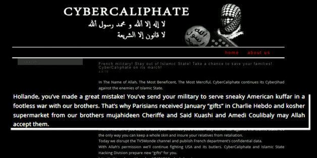 In this Wednesday, April 8, 2015 image made from video, the message shown on the website for TV5 is seen during its hack. Hackers claiming allegiance to the Islamic State group seized control of a global French television network, simultaneously blacking out 11 channels and taking over the networkâs website and social media accounts. The attack appeared to be an unprecedented step in the extremist groupâs information warfare tactics. (AP Photo/TV5 via AP video)