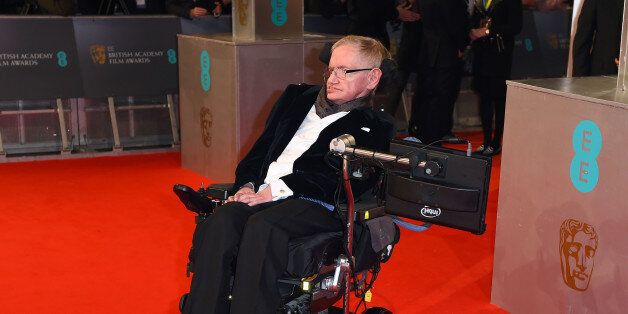 Stephen Hawking arrives for the British Academy Film and Television Awards 2015, The BAFTAs, at the Royal Opera House, in London, Sunday, Feb. 8, 2015. (Photo by Jonathan Short/Invision/AP)