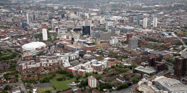 Aerial view north-east of The National Indoor Arena, suburban apartment blocks, Ladywood Middleway, tower blocks, Birmingham City Centre, B16 UK.