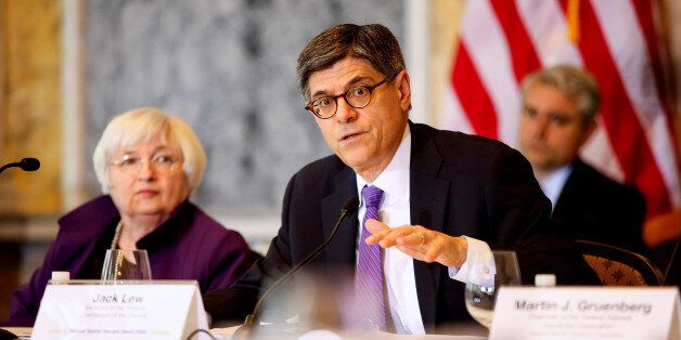 Treasury Secretary Jacob Lew, accompanied by Federal Reserve Chair Janet Yellen, speaks during a Financial Stability Oversight Council meeting at the Treasury Department in Washington, Tuesday, May 19, 2015, on the Councilâs 2015 annual report and a discussion of charters for the Councilâs committees. (AP Photo/Andrew Harnik)