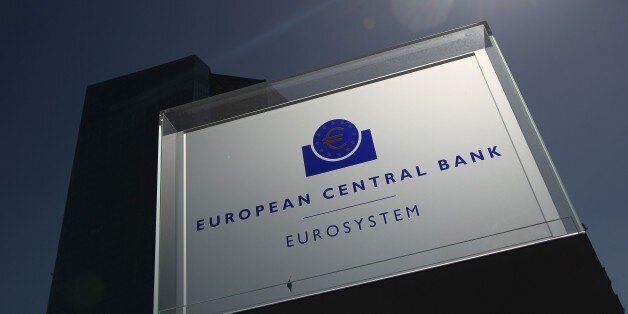 The logo of the European Central Bank (ECB) is pictured in Frankfurt/Main, Germany, on April 15, 2015. A news conference by European Central Bank president Mario Draghi in the bank's headquarters was briefly interrupted Wednesday when a young woman charged at Draghi calling for an 'end to the ECB dictatorship'. AFP PHOTO / DANIEL ROLAND (Photo credit should read DANIEL ROLAND/AFP/Getty Images)