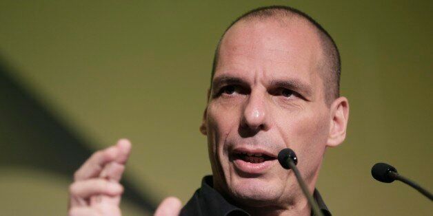 Greek Finance Minister Yanis Varoufakis gives a speech during an economic conference in Athens, on Tuesday, May 14, 2015. Varoufakis said Thursday that he will reject any deal with bailout creditors unless it helps Greece escape from its financial crisis. (AP Photo/Petros Giannakouris)