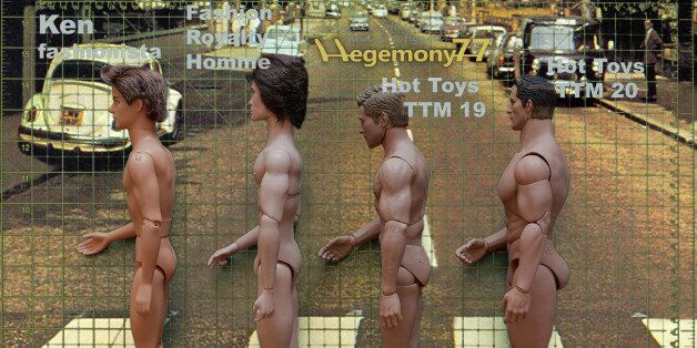 1:6 scale male dolls and action figures comparison photo side view - Ken doll Fashionista - Fashion Royalty Homme doll - Hot Toys TrueType Male Body TTM 19 Muscular Caucasian Version 12 inch figure - Hot Toys 1/6 True Type Basic Series TTM 20 Advanced Muscular Body Action Figure