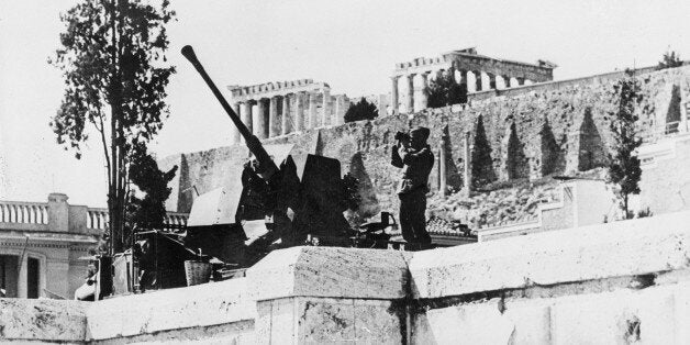 German anti-aircraft guns are posted on the Acropolis in Athens, Greece, June 4, 1941 during World War II. (AP Photo)