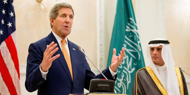 U.S. Secretary of State John Kerry, left, and Saudi Foreign Minister Adel al-Jubeir, right, hold a joint news conference at Riyadh Air Base in Saudi Arabia, Thursday, May 7, 2015. Kerry sought to secure a pause in Yemen's war after he arrived to Saudi Arabia to meet with the king and other top officials, citing increased shortages of food, fuel and medicine that are adding to a crisis that already has neighboring countries bracing for a mass exodus of refugees. (AP Photo/Andrew Harnik, Pool)
