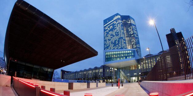 In this picture taken with a fisheye lens the new headquarters of the European Central Bank is photographed in Frankfurt, Germany, Wednesday, Jan. 21, 2015. The governing council of the ECB will meet tomorrow Thursday. (AP Photo/Michael Probst)